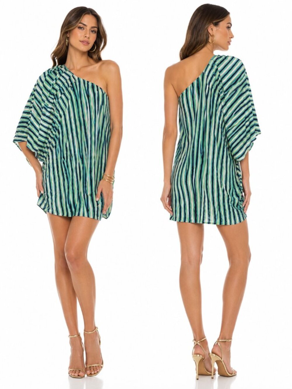 MM Couture Miss Me One Shoulder Mini Shift Dress Green Stripe Womens Small NWT